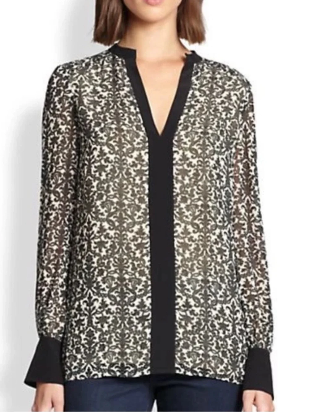 Tory Burch Melissa Paisley Tunic Blouse Black Cream 8